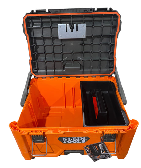 Orange toolbox with black interior and Klein Tools branding on a white background