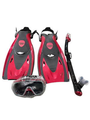 TUSA Sport, Adult, Mask, Dry Snorkel, Fins, Travel Set, Large, Black/Metallic Red - Snorkel Set - Freeman Liquidators - [product_description]