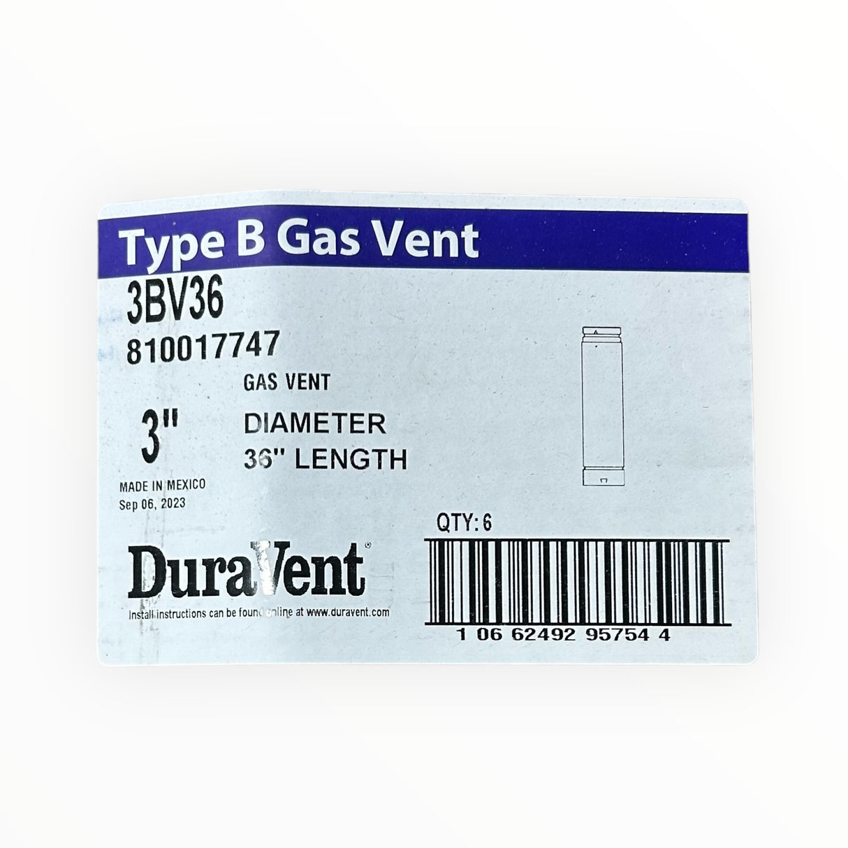 DuraVent, 3BV36, 36" Length, Round Rigid Pipe, 3" Inner Diameter - FreemanLiquidators - [product_description]