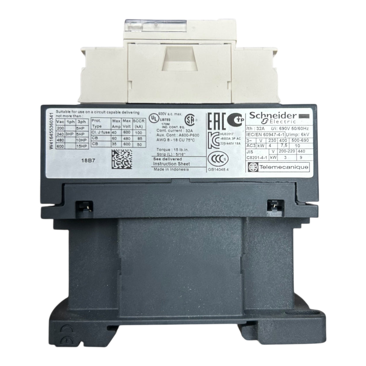 Schneider Electric, LC1D18B7, IEC Contactor, 18A, 10HP at 480VAC - Freeman Liquidators - [product_description] - Contactors
