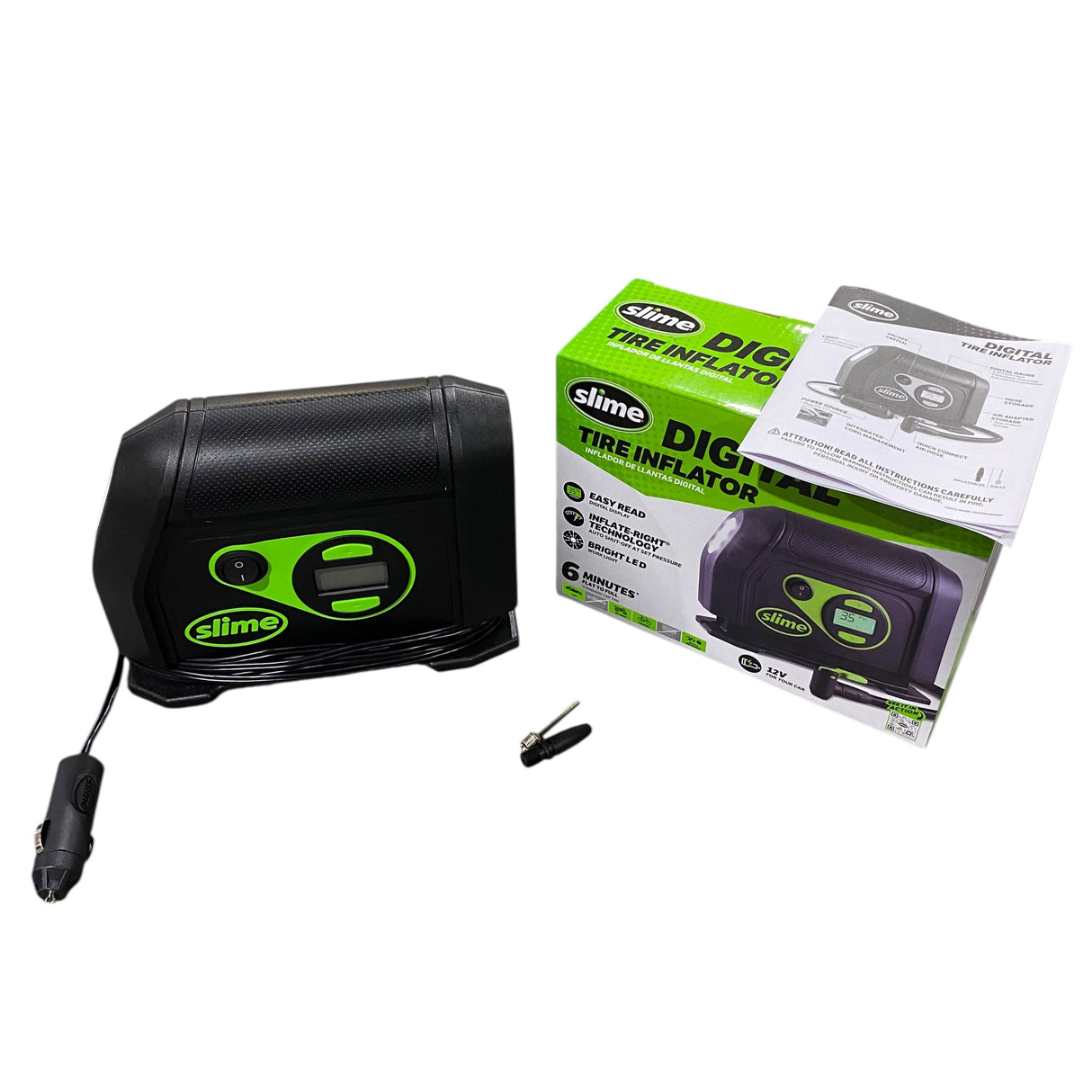 Black tire inflator with packaging on a white background