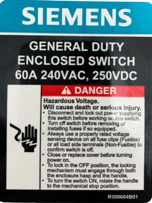 Siemens GF222NRA, 60A 2‑Pole General Duty Fusible Safety Switch, 240V, NEMA 3R Outdoor - Image 3