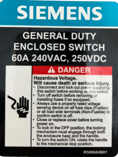 Siemens GF222NRA, 60A 2‑Pole General Duty Fusible Safety Switch, 240V, NEMA 3R Outdoor - Image 3