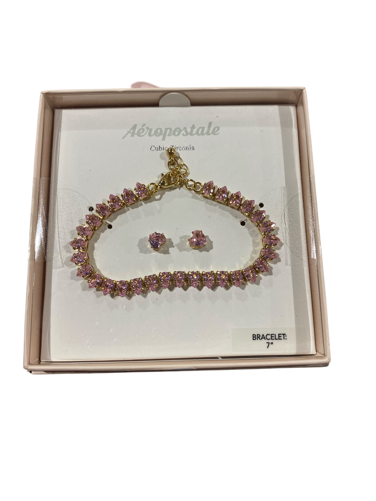 Aeropostale, Bracelet & Earring Set, Gold/Pink, 7", Cubic Zirconia - Freeman Liquidators - [product_description] - Jewelry