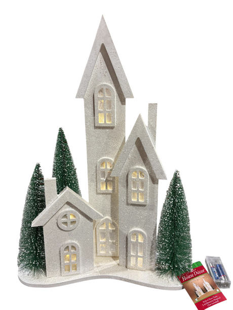 Gerson, 20.75", Lighted, Wood, Holiday, Church House, Trees - Holiday Decor - Freeman Liquidators - [product_description]
