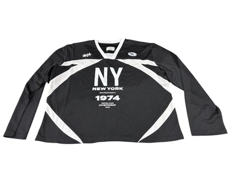 Black sports jersey with 'NY New York 1974' text on a white background