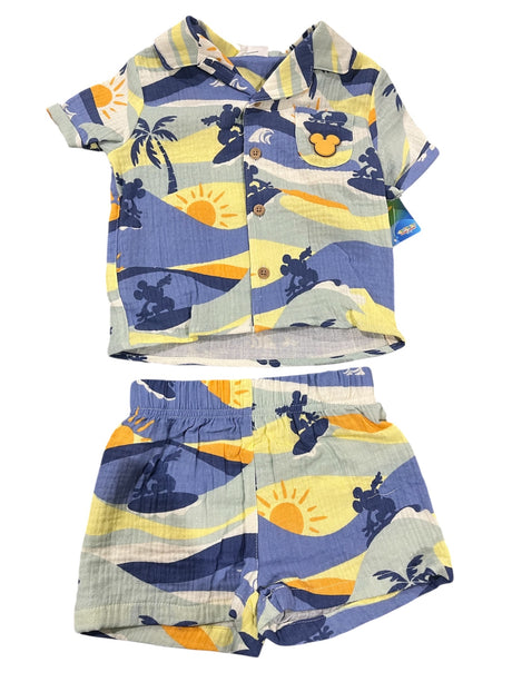 Toddler Boys' 2pc Disney Mickey Mouse Gauze Short Sleeve Button-Down Shirt & Shorts Set - 12M - Image 1