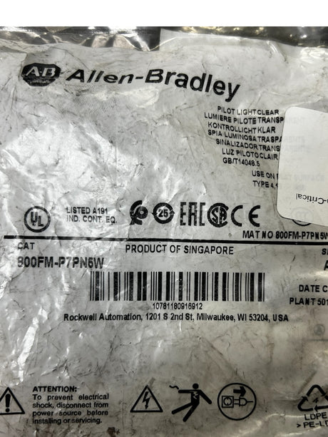 Allen-Bradley, 800FM-P7PN5W, 22mm Pilot Light, WHITE, Integrated LED Module - NEW IN ORIGINAL PACKAGING - FreemanLiquidators - [product_description]