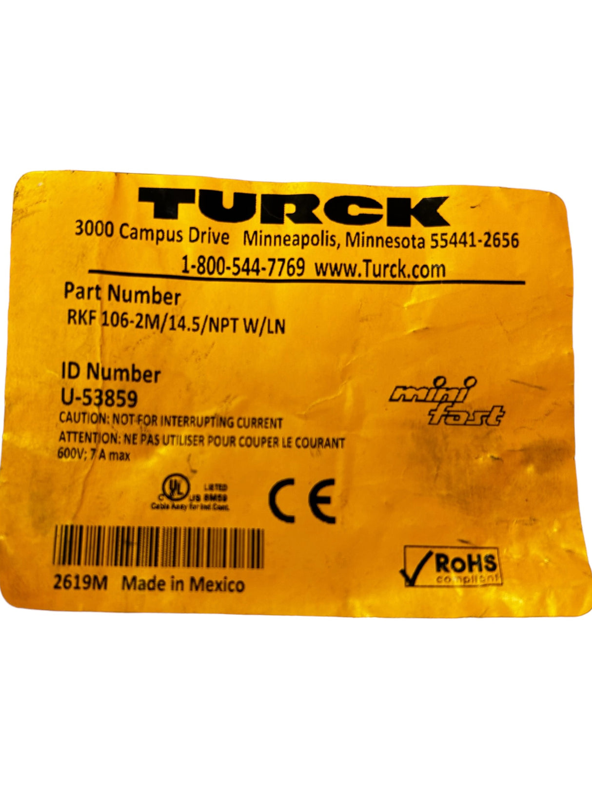 Turck, RFK 106-2M/14.5/NPT W/LN, MINIFAST RECEPTICLE, CORDSET - NEW IN ORIGINAL PACKAGING - FreemanLiquidators - [product_description]