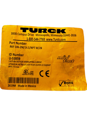 Turck, RFK 106-2M/14.5/NPT W/LN, MINIFAST RECEPTICLE, CORDSET - NEW IN ORIGINAL PACKAGING - FreemanLiquidators - [product_description]