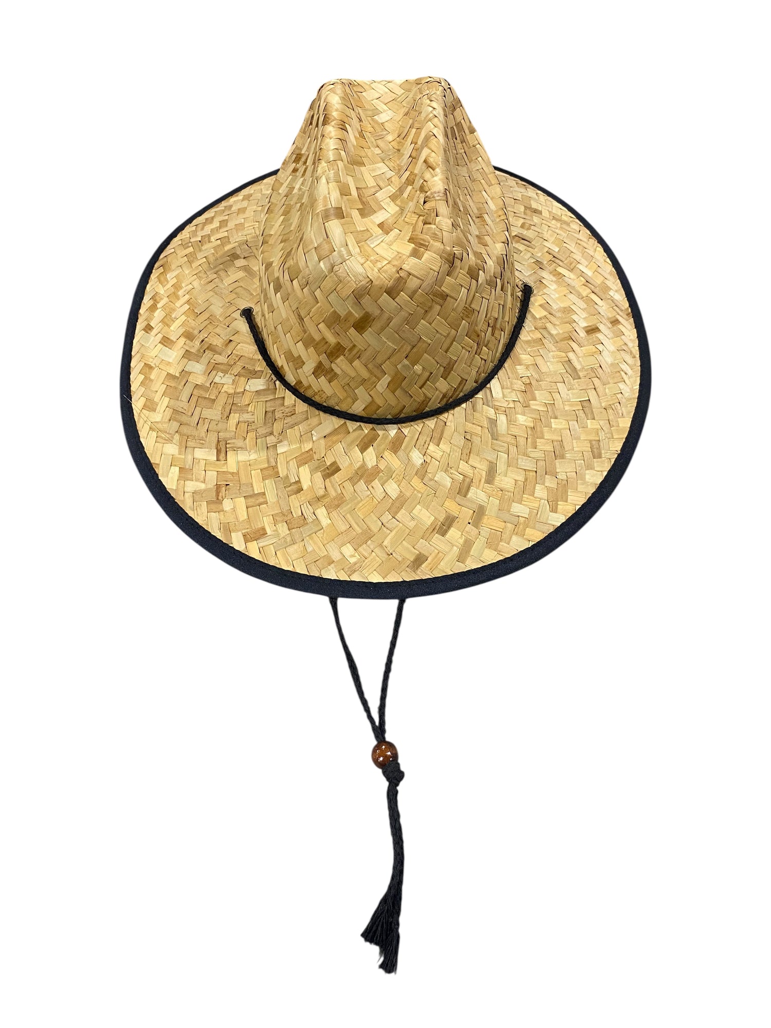 Straw hat with a black band and tassel on a white background