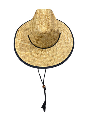 Straw hat with a black band and tassel on a white background