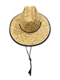 Straw hat with a black band and tassel on a white background