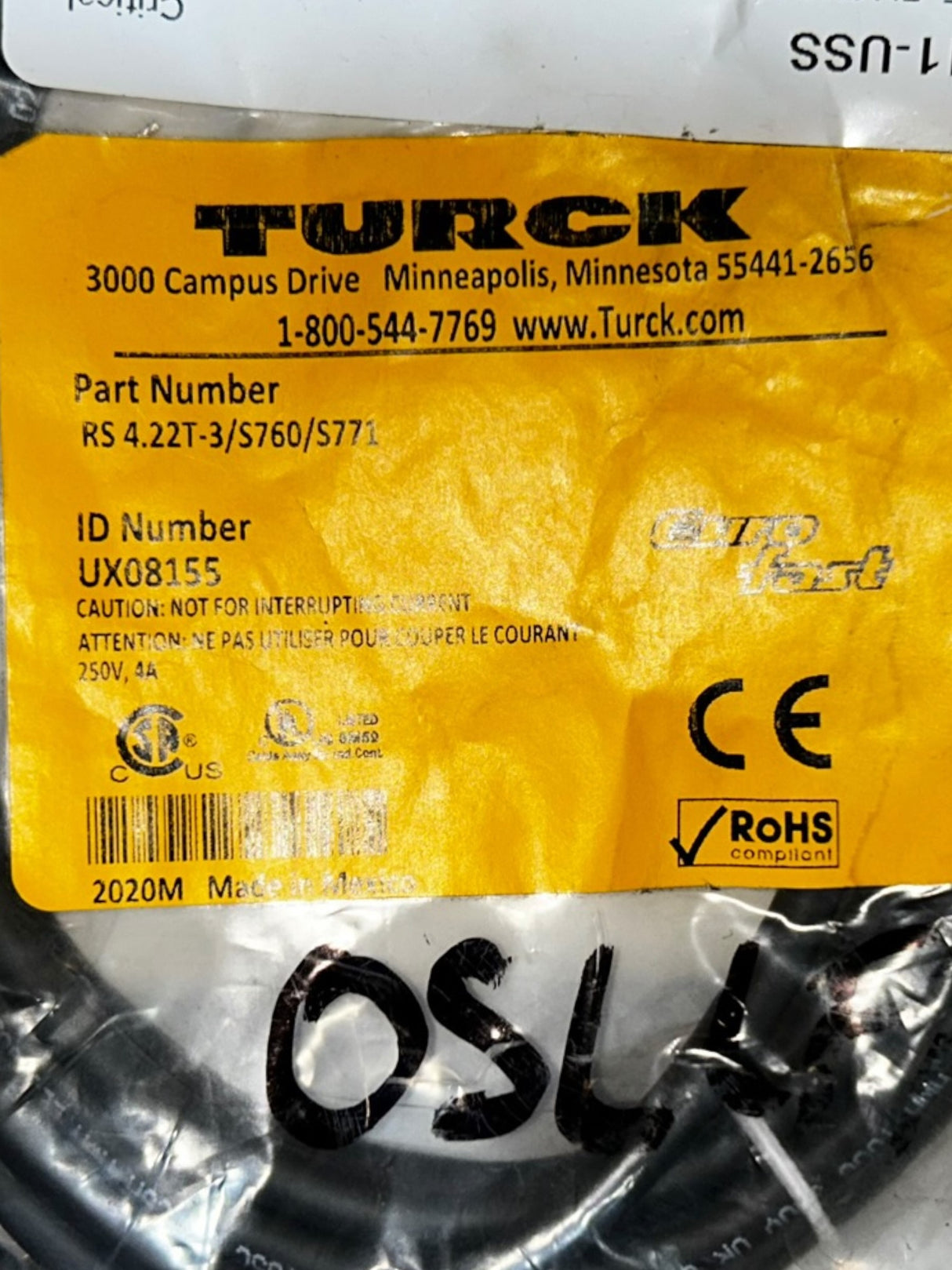 Turck, RS 4.22T-3/S760/S771, CORDSET, SINGLE ENDED - NEW IN ORIGINAL PACKAGING - FreemanLiquidators - [product_description]