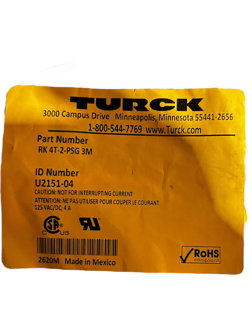 Turck, RK 4T-2-PSG 3M, Single-Ended Cordset - NEW IN ORIGINAL PACKAGING - FreemanLiquidators - [product_description]