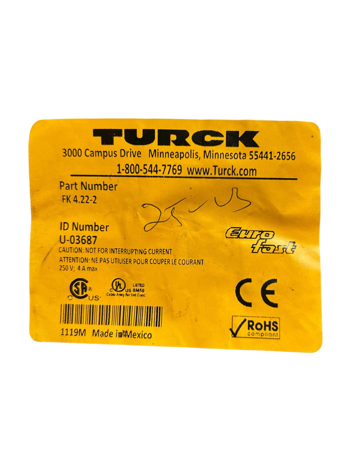 Turck, FK 4.22-2, M12 Eurofast Female Receptacle, single-ended - NEW IN ORIGINAL PACKAGING - FreemanLiquidators - [product_description]