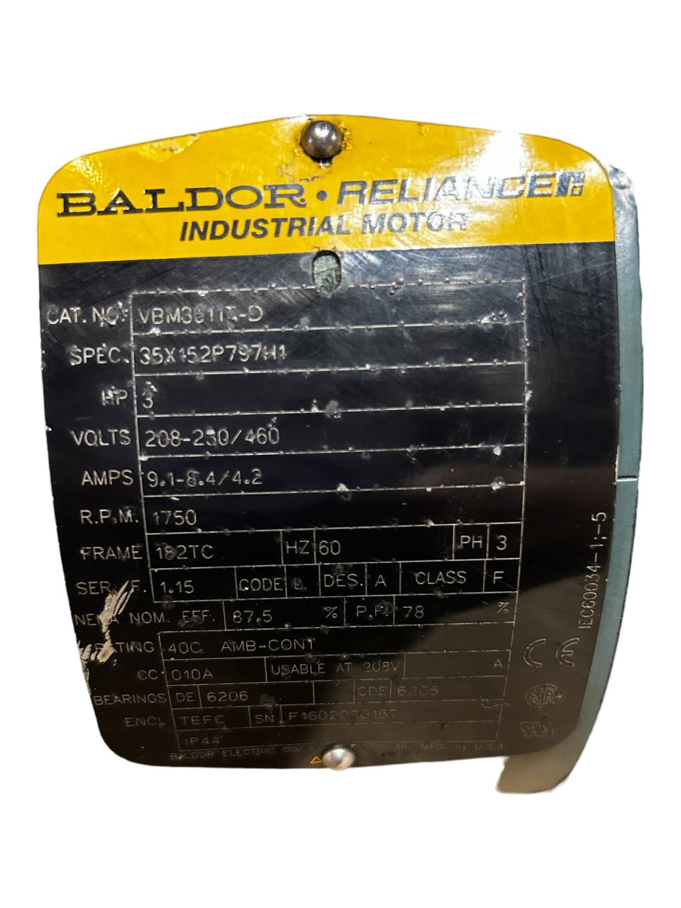 Baldor-Reliance Motor, VBM3611T-D, 3HP, 1750RPM, 3PH, 60HZ, 182TC, 3542M, TEFC, F3 -New No Box - FreemanLiquidators - [product_description]