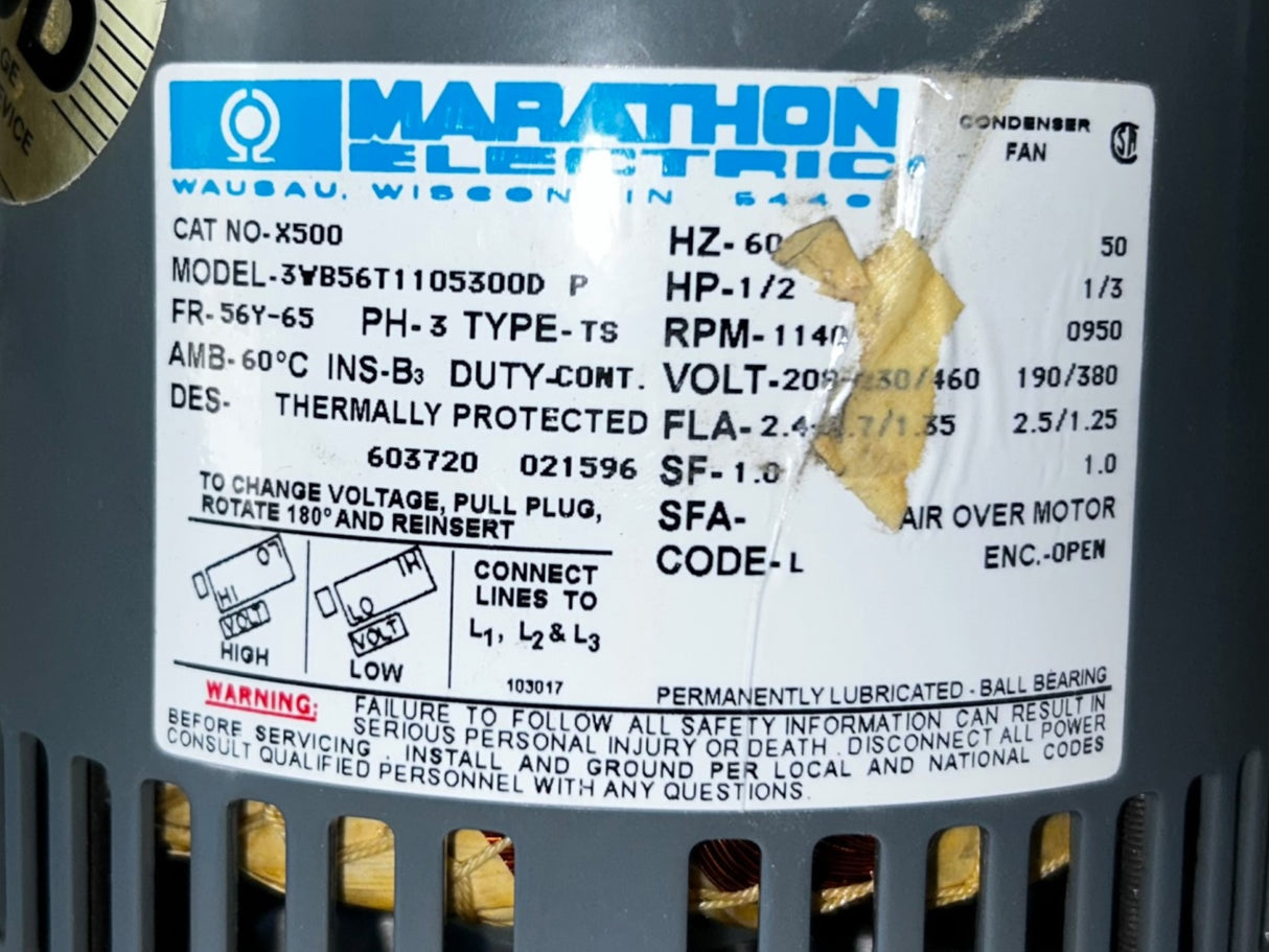 MARATHON, ELECTRIC, X-500, 3WB56T1105300D, MOTOR, HP 1/2, HZ 60, RPM 1140 - NEW IN BOX - FreemanLiquidators - [product_description]