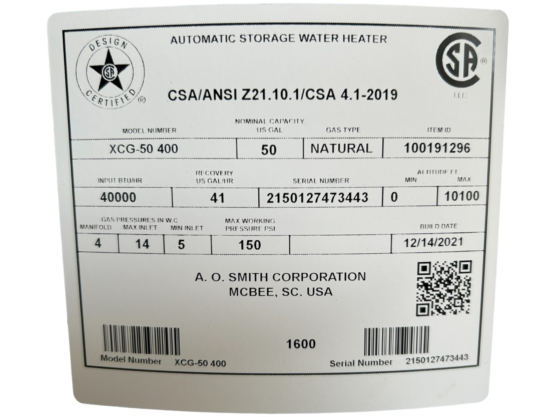 AO Smith, XCG-50 400, 50-GALLON, (57T X 21W), ProLine, Atmospheric