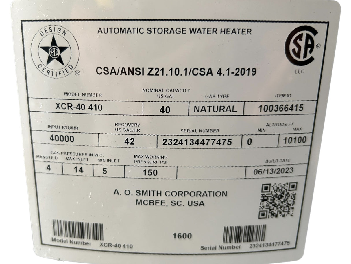 AO Smith, XCR-40 410, ProLine, 40-Gallon, Atmospheric Vent, Tall, Natural Gas, Water Heater - FreemanLiquidators - [product_description]