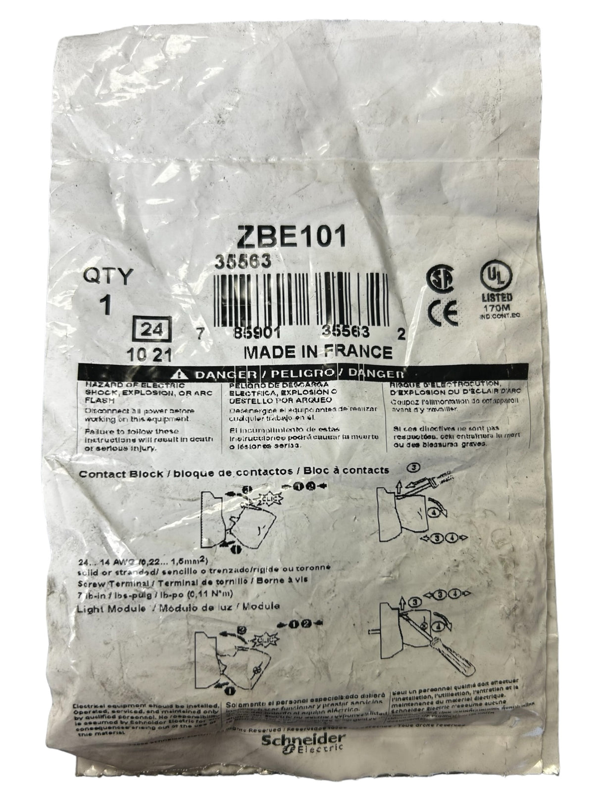 SCHNEIDER ELECTRIC, ZBE101, Harmony XB4, Single contact block, screw clamp terminal, 22mm, 1NO, 6 A, 600 V - NEW IN ORIGINAL PACKAGING - FreemanLiquidators - [product_description]