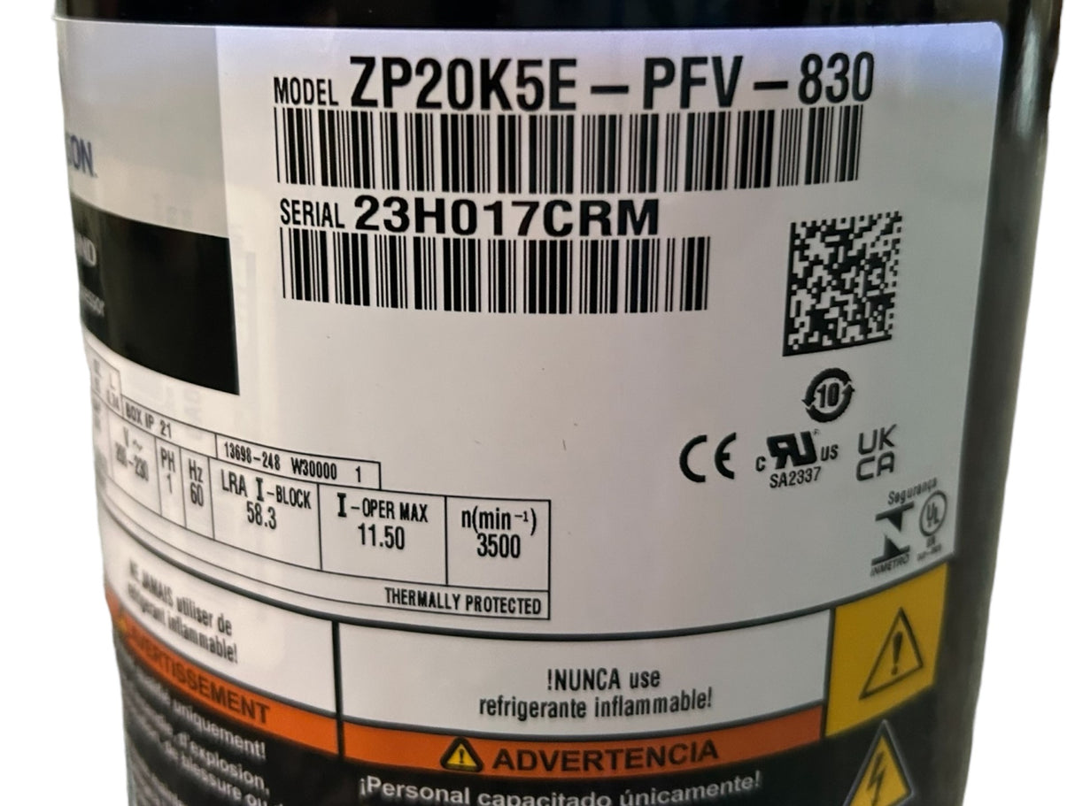 Copeland, Scroll, Compressor, ZP20K5E-PFV-830, R-410A, 208/230 Volt, 20000 BT - FreemanLiquidators - [product_description]