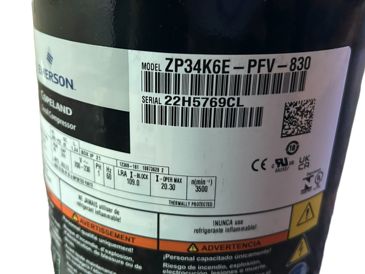 Copeland, Scroll, Compressor, ZP34K6E-PFV-830, 34600 BTU, R410A, 208/230 - FreemanLiquidators - [product_description]