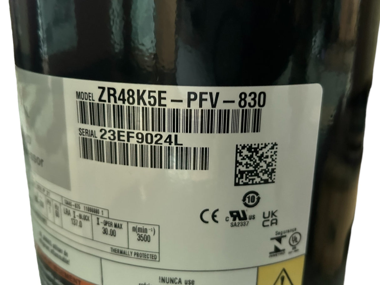 Copeland, ZR48K5E-PFV-830, Scroll Compressor, 208/230-1-60, R22, 24.3 Rla, 48200 BTU - FreemanLiquidators - [product_description]