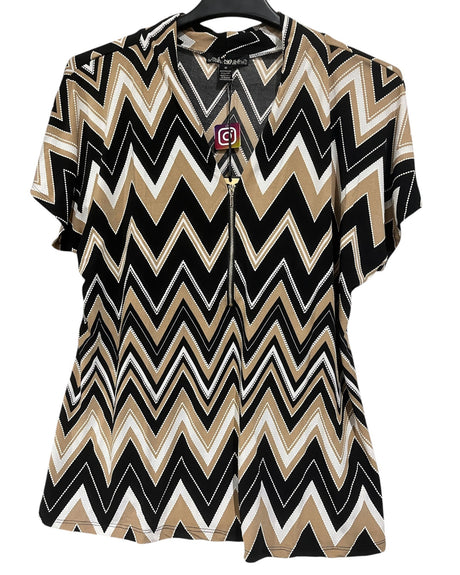 80 Park, Women's, Short Sleeve, V Neck, Half Zip, Plus Size, Blouse, Black, Taupe - Women's Clothing - Freeman Liquidators - [product_description]