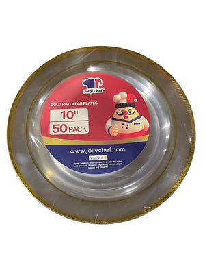 Jolly Chef, 10”, Gold Rim, Clear, Plastic Plates, 50pk