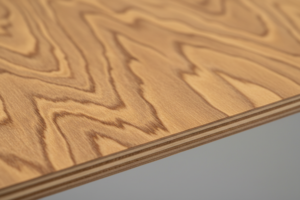 High-quality macro photograph of premium plywood showing detailed wood grain texture and natural color. Clean, well-lit studio shot focusing on the surface texture and quality of the wood. Sharp focus, professional product photography style.