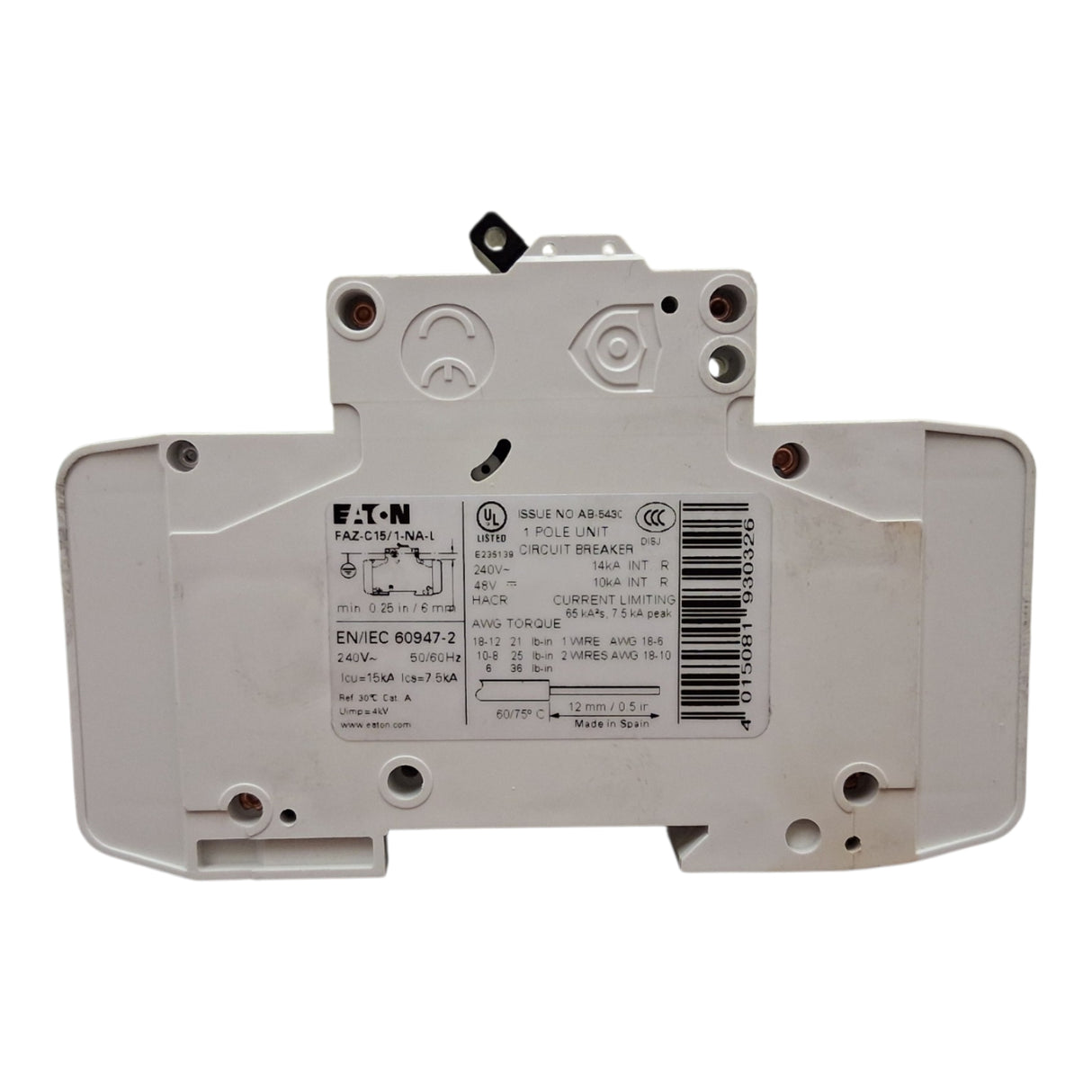 Eaton Cutler-Hammer FAZ-C15  1-NA-L 1pole Circuit Breaker