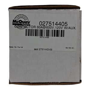 McQuay 027514405 Contactor — 60A, 600V, 120V Coil, 2‑Pole w/ Auxiliary Contact - HVAC - Freeman Liquidators - [product_description]