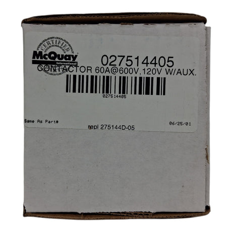 McQuay 027514405 Contactor — 60A, 600V, 120V Coil, 2‑Pole w/ Auxiliary Contact - HVAC - Freeman Liquidators - [product_description]