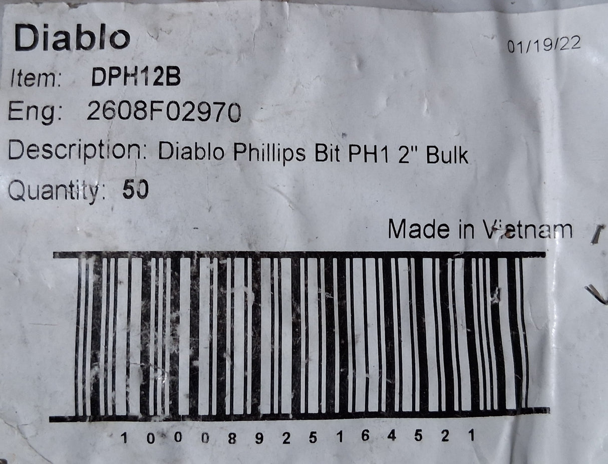 Diablo Phillips Bit PH1 2"  DPH12B (Bag of 40)