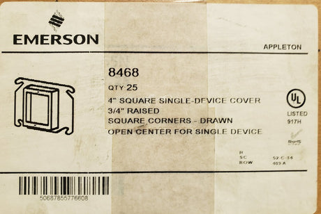 Lot of 25 - Emerson-Appleton 8468 - 4" Square Single Device Cover 3/4" Raised - NEW IN BOX - FreemanLiquidators - [product_description]