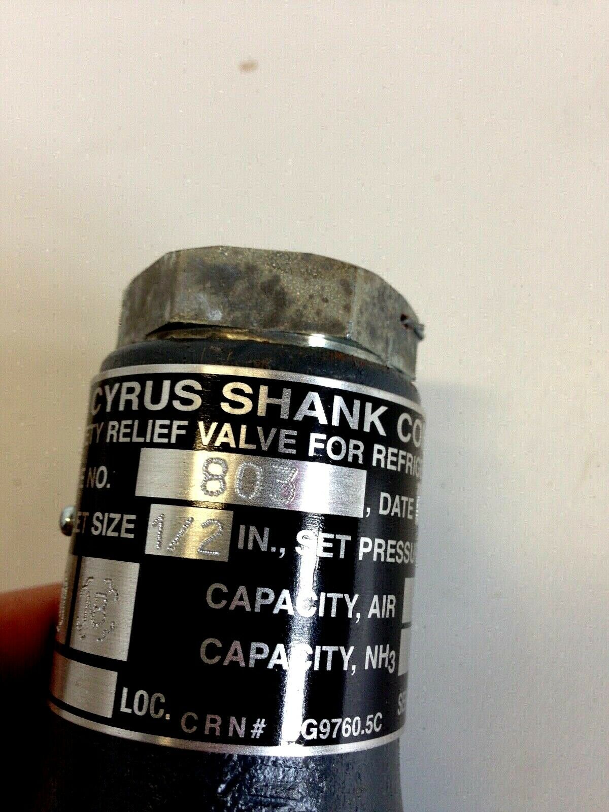 Cyrus Shank Company No.803 Relief Valve 250# CRN# OG9760.5C CAPACITY, AIR 573 - FreemanLiquidators