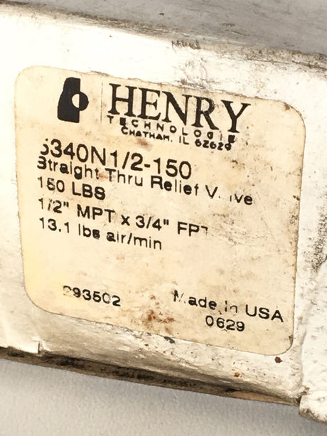 HENRY 5340N 150PSI 1/2 IN 13.1LB/MIN MPT STAINLESS RELIEF VALVE - FreemanLiquidators