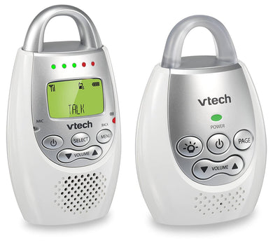 VTech DM221 Audio Baby Monitor with up to 1,000 ft of Range, Vibrating Sound-Alert, Talk Back Intercom & Night Light Loop, White/Silver - FreemanLiquidators