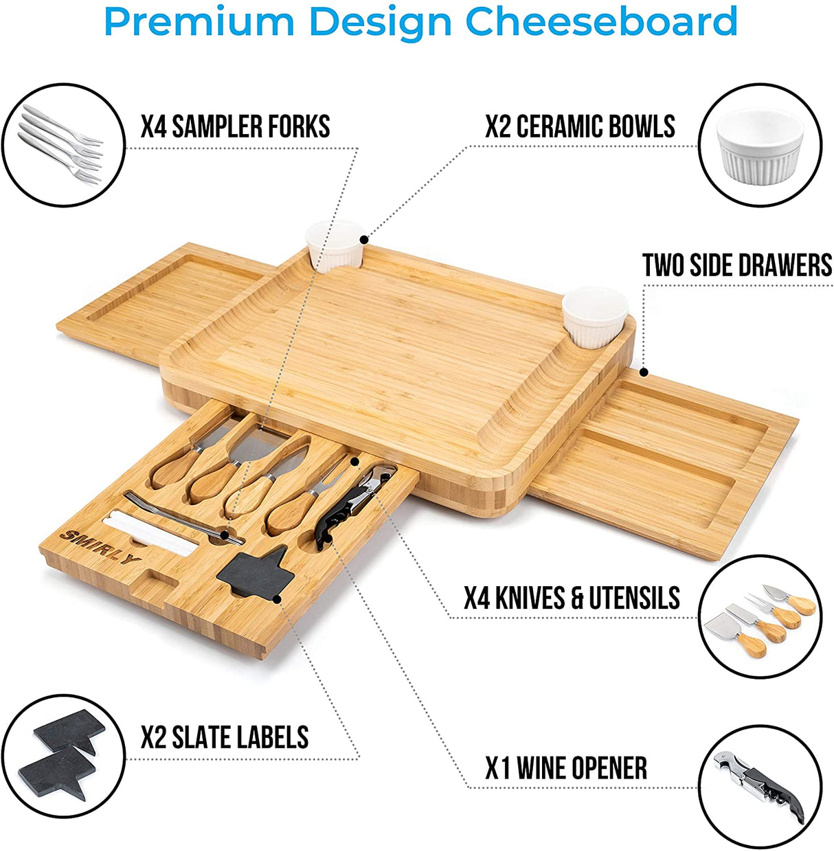 Smirly Cheese Board and Knife Set: 13 x 13 x 2 Inch Wood Charcuterie Platter for Wine, Cheese, Meat - FreemanLiquidators