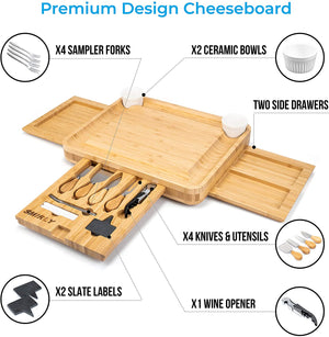 Smirly Cheese Board and Knife Set: 13 x 13 x 2 Inch Wood Charcuterie Platter for Wine, Cheese, Meat - FreemanLiquidators