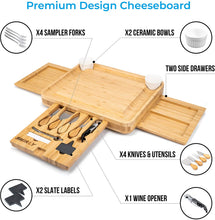 Load image into Gallery viewer, Smirly Cheese Board and Knife Set: 13 x 13 x 2 Inch Wood Charcuterie Platter for Wine, Cheese, Meat - FreemanLiquidators
