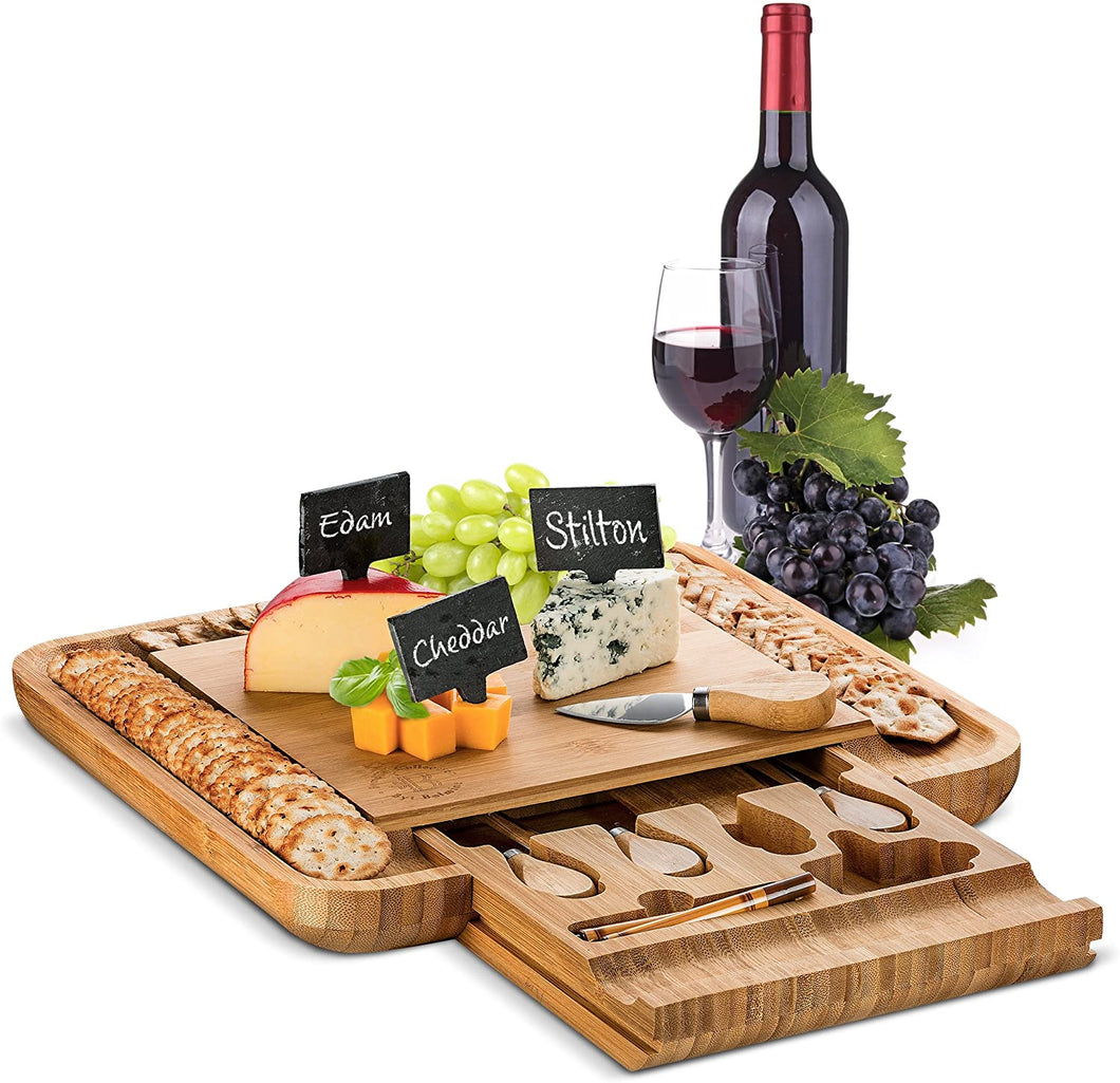 Smirly Cheese Board and Knife Set: 13 x 13 x 2 Inch Wood Charcuterie Platter for Wine, Cheese, Meat - FreemanLiquidators