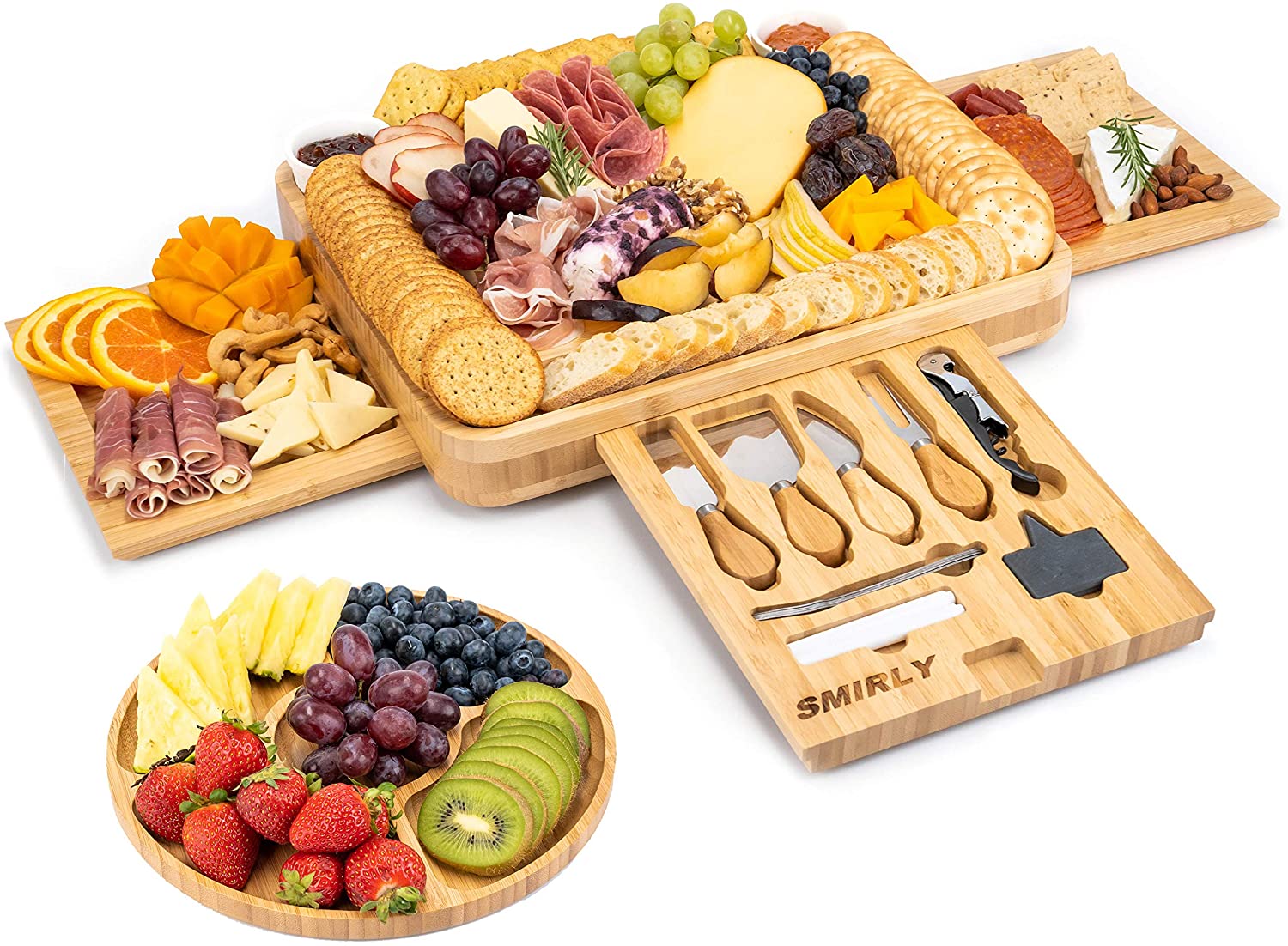 Smirly Cheese Board and Knife Set: 13 x 13 x 2 Inch Wood Charcuterie Platter for Wine, Cheese, Meat - FreemanLiquidators
