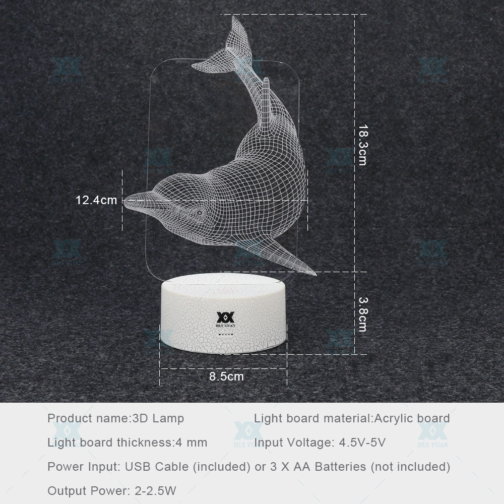 HUI YUAN Animal Dolphin 3D Lamp Stunning Visual Three-Dimensional Light Effect USB 7 Color Change Creative Night Light - FreemanLiquidators