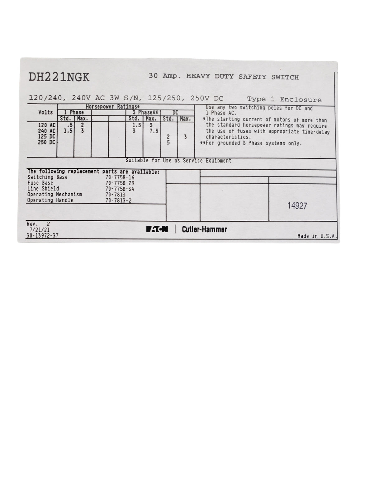 Eaton DH221NGK Safety Switch, 30A, 2P, 240V/250VDC, HD Fusible, NEMA 1 - FreemanLiquidators - [product_description]