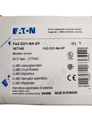 Eaton - Cutler Hammer FAZ-D2/1-NA-SP IEC Miniature Circuit Breaker, Amps 2 A, Curve Type D, Phase 1 - FreemanLiquidators - [product_description]