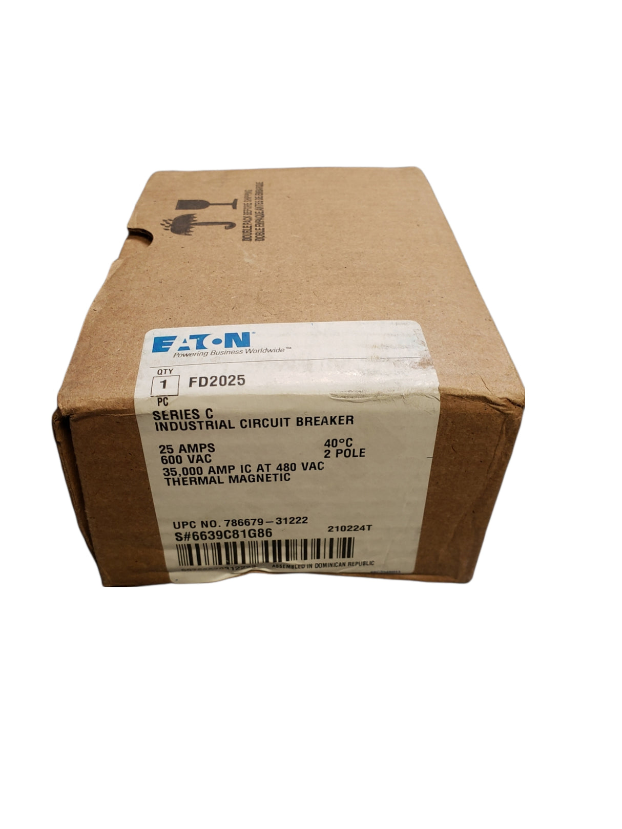 EATON - Cutler Hammer FD2025 Molded Case Circuit Breaker, 25 A, 600V AC, 2 Pole, FD Series - FreemanLiquidators - [product_description]