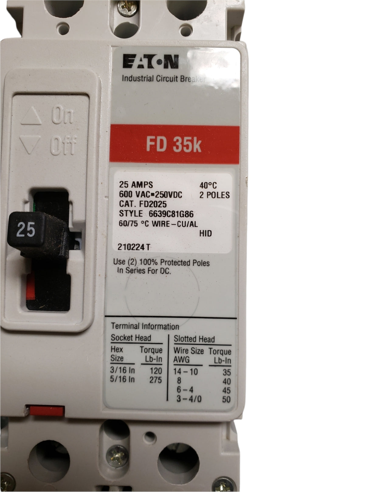 EATON - Cutler Hammer FD2025 Molded Case Circuit Breaker, 25 A, 600V AC, 2 Pole, FD Series - FreemanLiquidators - [product_description]