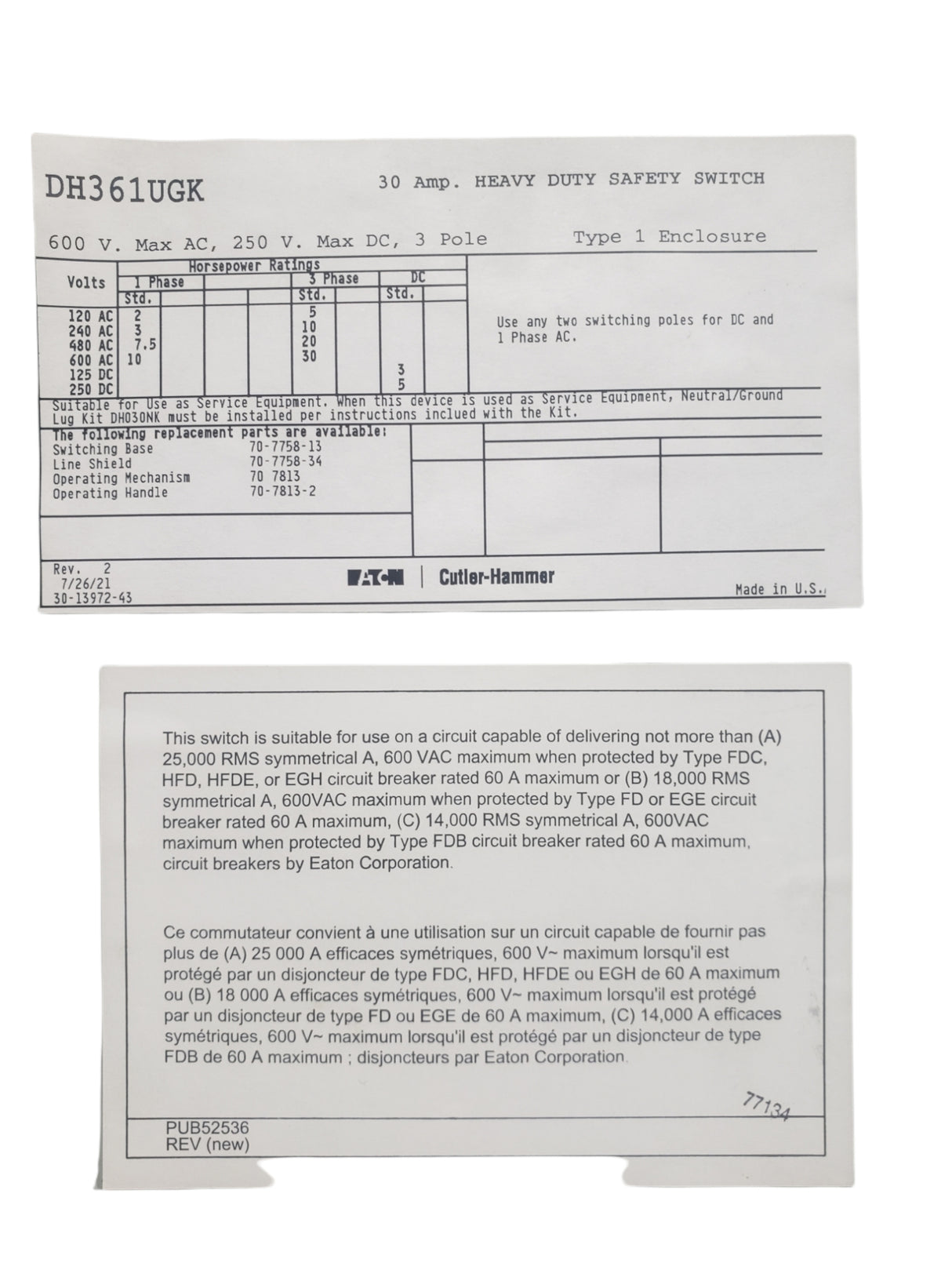 EATON- Cutler Hammer DH361UGK - Nonfusible Single Throw Safety Switch, Heavy Duty, 600V AC/250V DC - FreemanLiquidators - [product_description]